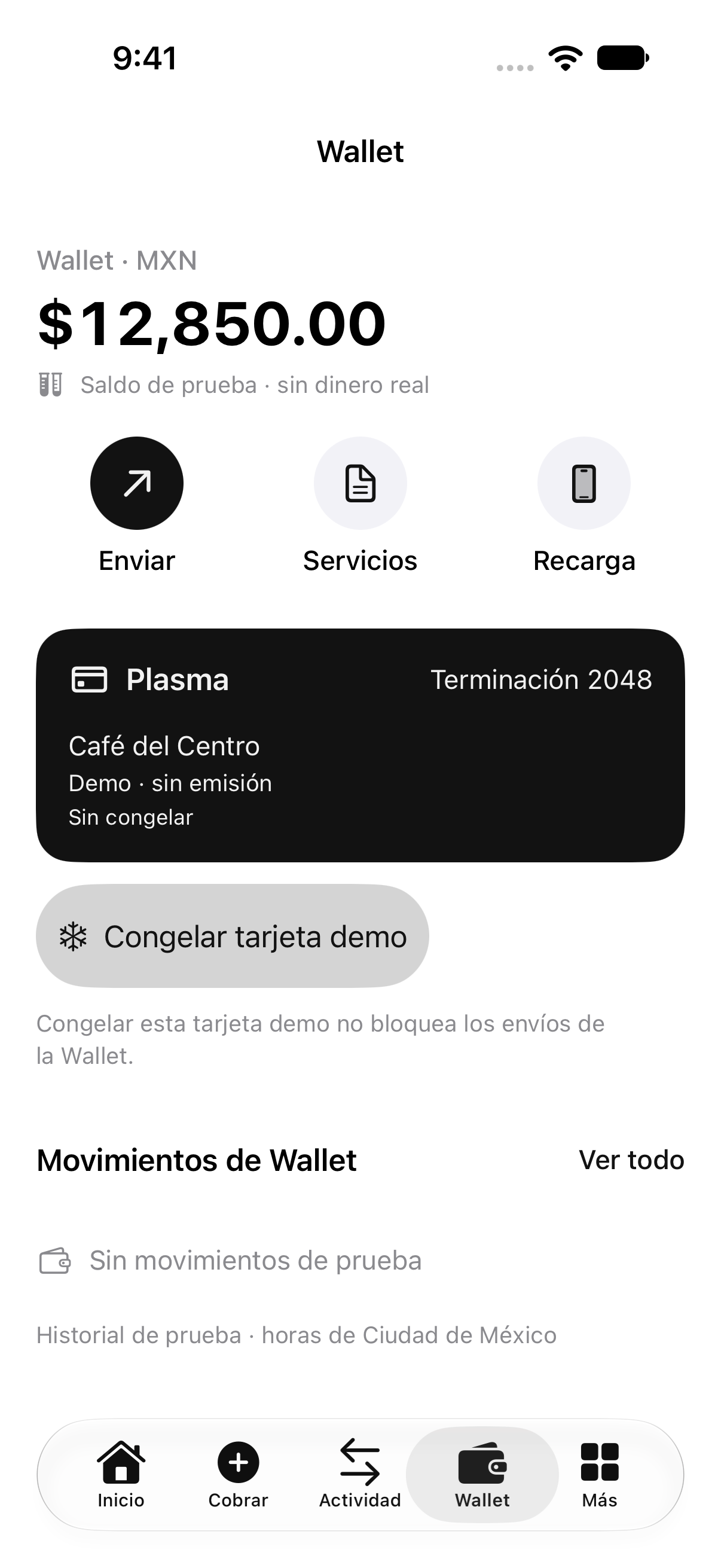 Wallet de Plasma iOS: saldo y tarjeta de prueba, sin dinero real ni emisión.